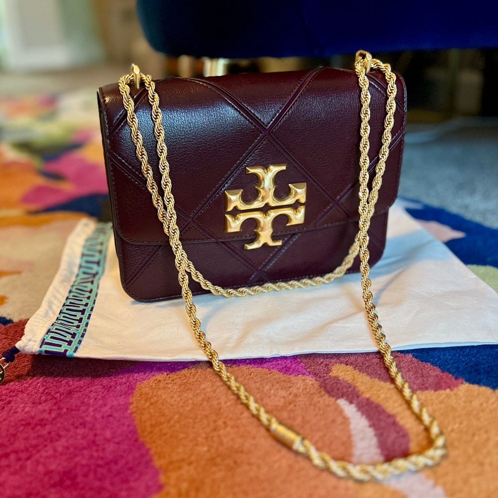 Tory Burch Burgundy Crossbody Bag with Gold Chain